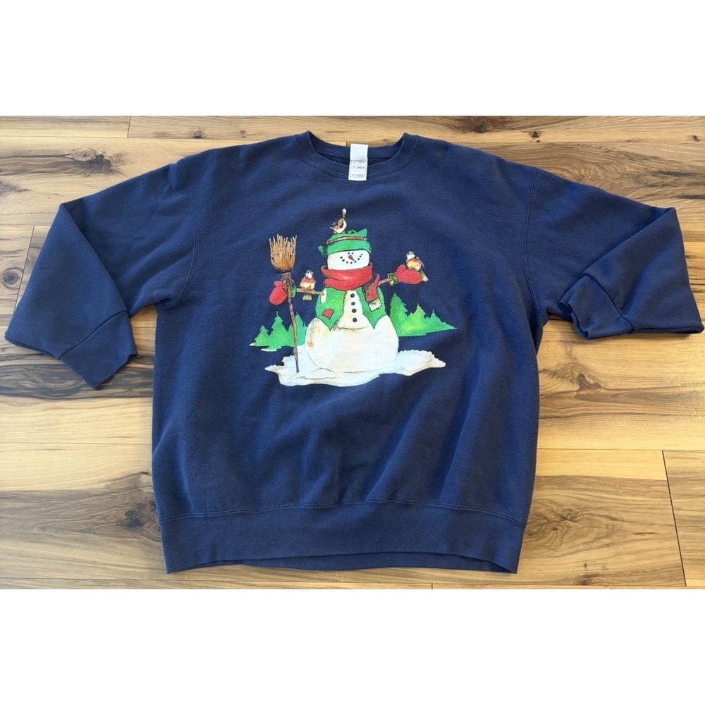 Fruit of the Loom BEST Snowman Christmas Sweatshirt 2XL Navy Holiday Birds